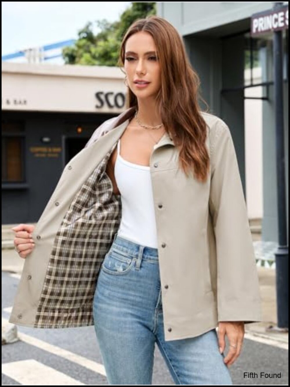 Womens Barn Jacket Plaid Lining Button Down Lightweight Casual Cropped Trench - Picture 2 of 5